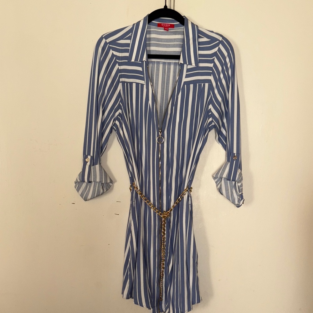 Guess Navy and White Striped Dress with Gold Chain